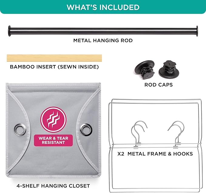 HOLDN’ STORAGE Hanging Closet Organizer with Garment Rod – Heavy Duty 4-Shelf Hanging Shelves for Clothes, Sweaters & Shoes, Reinforced 600D Fabric Storage Unit with Built-in Clothing Rod, Grey
