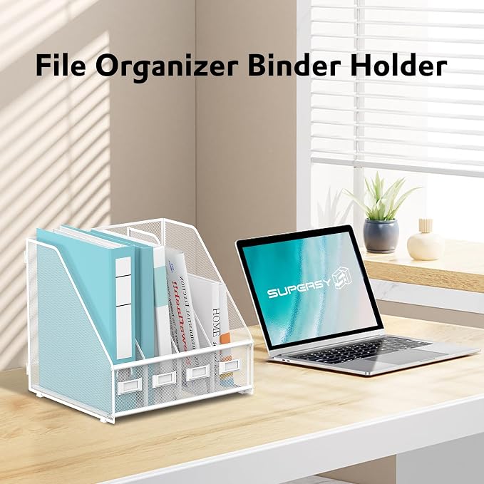 SUPEASY Magazine File Holder, Binder Holder Metal Desk Organizer with 4 Rack Compartments, File Organizer for Office Home School, White