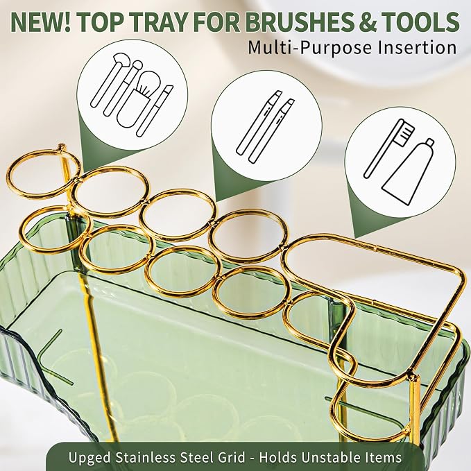 shuang qing Upgraded 2-Tier Corner Bathroom Countertop Organizer – Spacious Storage for Makeup, Skincare & Perfumes, Built-in Brush Holder Fits Vanity/Dresser/Bsthtub (Sage Green)
