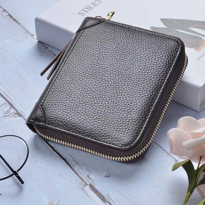 Easyoulife Womens Credit Card Holder Wallet Zip Leather Card Case RFID Blocking (Coffee)