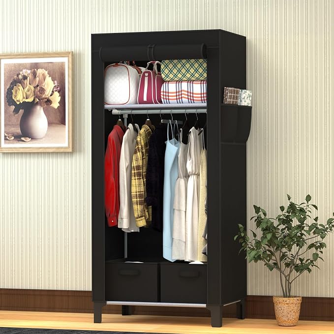 Portable Closet Wardrobe Closet for Hanging Clothes with 3 Hanging Rods for Bedroom, Non-Woven Fabric Clothes Closet for Living Room Easy Assemble (Black, 2 Columns, 23.2 inch Width)
