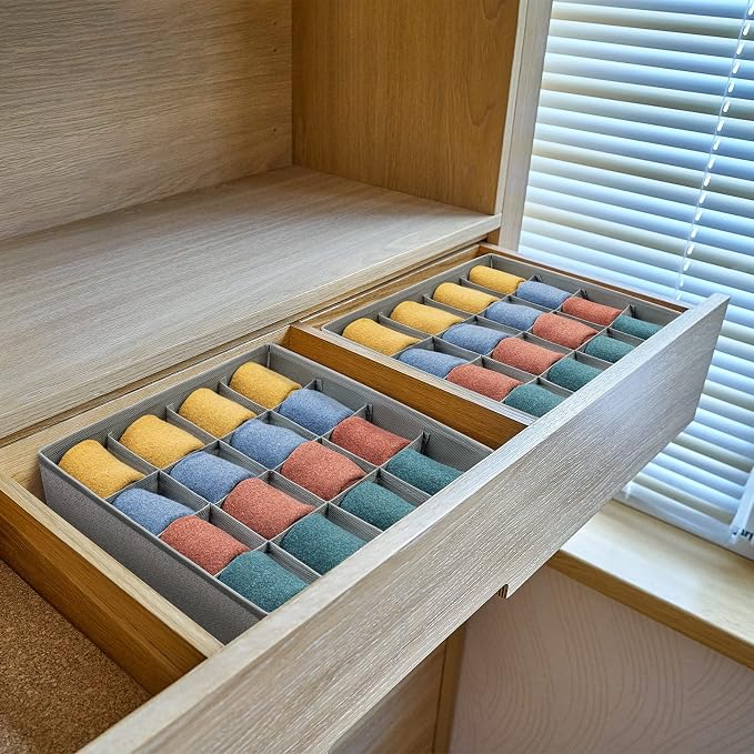 Joyoldelf Sock Drawer Organizer Divider Underwear Organizer 16-cell Fabric Dresser Drawer Organizers Storage Boxes for Socks, Lingerie, Handkerchiefs, Ties 2 Packs Gray