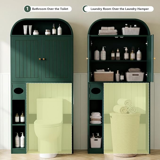 LEVNARY 31" Wide Over the Toilet Storage with Toilet Paper Holder, Arched Bathroom Organizer with Fluted Doors, 4-Tier Space Saving Freestanding Cabinet with Adjustable Shelves (Green)