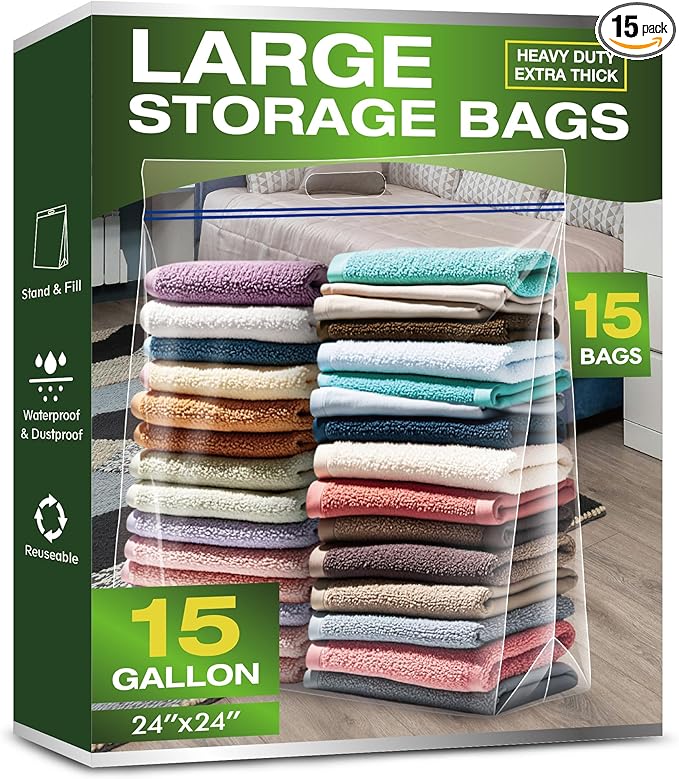 15 Gallon Large Storage Bags, 3.5 Mil Thick Clear Plastic Zipper Bags with Handles, 24" x 24" Large Heavy Duty for Home, Travel, and Moving (15 Packs)