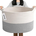 115L Extra Large Woven Cotton Rope Blanket Basket with Handles, Laundry Hamper Storage Bin for Pillows, Comforters,Clothes, Bedroom and Living Room Organization,White&Grey