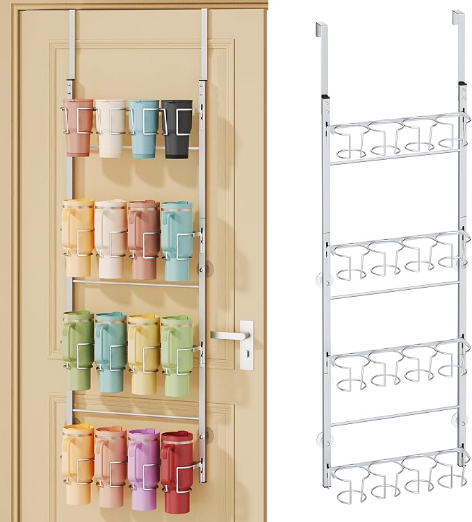 SWTYMIKI 4-Tier Water Bottle Organizer – Over the Door Stanley Cup Holder, Cup Organizer for Door or Wall Mount Option, Stanley Accessories for Pantry, Dorm, Office, RV Use, Silver
