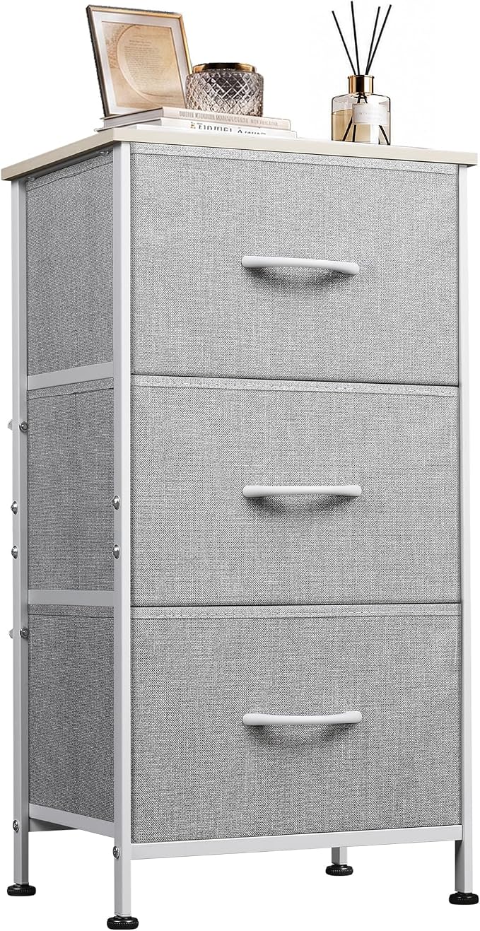 WLIVE Nightstand with 3 Drawers, Fabric Dresser, Organizer Unit, Storage Dresser for Bedroom, Hallway, Entryway, Closets, Sturdy Steel Frame, Wood Top, Easy Pull Handle, Light Grey