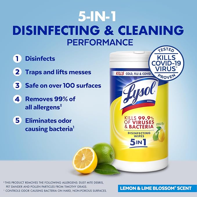 Lysol Disinfecting Wipes, Cleaner, Lemon + Mango + Linen, 80 ct. (4 Pack) | All Purpose Cleaner, Sanitizing, Deodorizing, Apartment Essentials, Back To School Cleaning Supplies, Kitchen & Bathroom Wipe