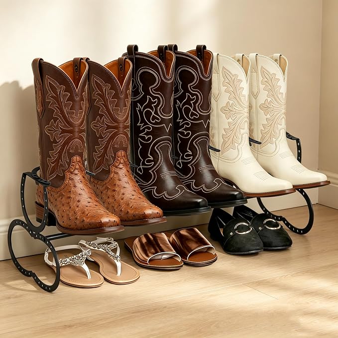 Cowboy Boot Rack 3 Pairs Horseshoe Boot Rack Cowboy Boots Storage Organizer Rustic Horseshoe Gifts Farmhouse Decor for Western Style Lovers Entryway Accessories (One Level)
