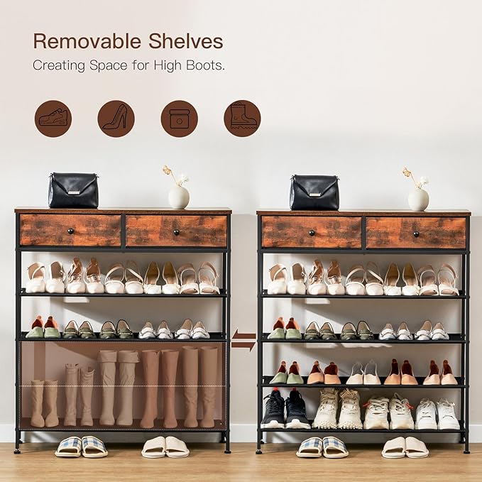 usikey Shoe Rack, 5 Tier Shoe Storage Organizer with 2 Drawers, Metal Shoe Shelf for 16-20 Pairs of Shoes, with 4 Oxford Fabric Shelves and Wooden Top, Shoe Stand for Closet, Entryway, Rustic Brown