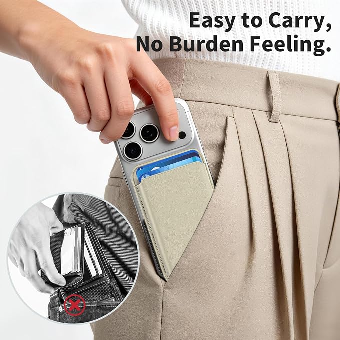 Magnetic Wallet Phone Card Holder for Phone Case with Mag-Safe, Stronger Magnetic RFID Leather Phone Wallet Stick on Series of iPhone 17/16/15/14/13/12 and Pro/Promax, Khaki
