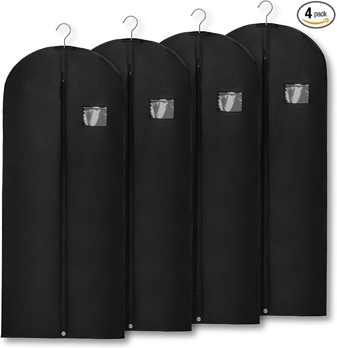 4-Pack Breathable Garment Bags for Hanging Clothes – Dust-Proof Suit & Dress Covers with Clear Window – Waterproof, Foldable Closet Storage Organizer for Coats, Gowns, and Jackets (Black, 55")