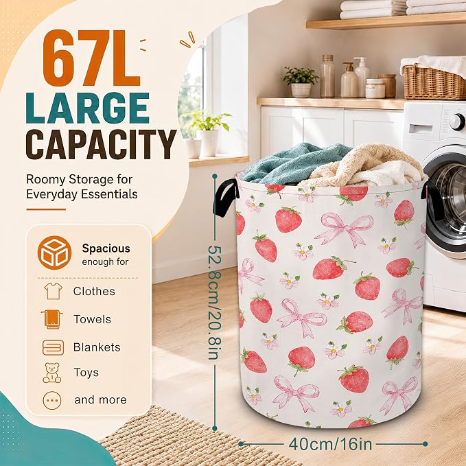 Strawberry Laundry Basket,Pink Bow Flower Foldable Oxford Laundry Hamper with Handles,Collapsible Clothes Storage Bucket Tote Bag for Laundry Room,Bathroom,Bedroom,Dorm