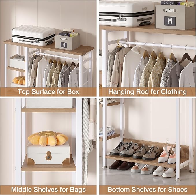 VECELO Open Garment Clothing Rack, Free-Standing Heavy Duty Storage Closet with 5 Shelves and Hanging Rod for Small Spaces, Max Load 350LBS, Nature White