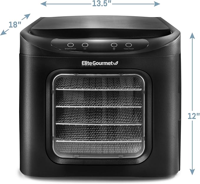 Elite Gourmet EFD-313B Programmable Food Dehydrator, Food Dehydrator, Adjustable Temperature Controls, Jerky Herbs Fruit Veggies Snacks, 6 Stainless Steel Trays