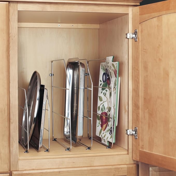 Rev-A-Shelf 18" Bakeware and Tray Divider for Wall/Base Cabinets, Baking & Cookie Sheet Organizer, Min Opening Width of 3", Chrome, 597-18CR-2-1