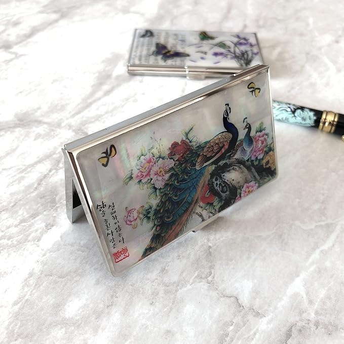 Mother of Pearl Business Card Case Credit Id Name Holder Travel Wallet Art Painting Design Metal Stainless Steel Engraved Slim Purse Pocket Cash Money Wallet (Peacock)