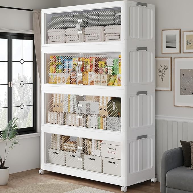 60Gal/240QT 4-Tiers Extra Large Stackable Storage Bins with Lid, Collapsible Cabinet Closet Organizer Plastic Container Box with Wheels Doors Drawers for Living Room Kitchen Office, White