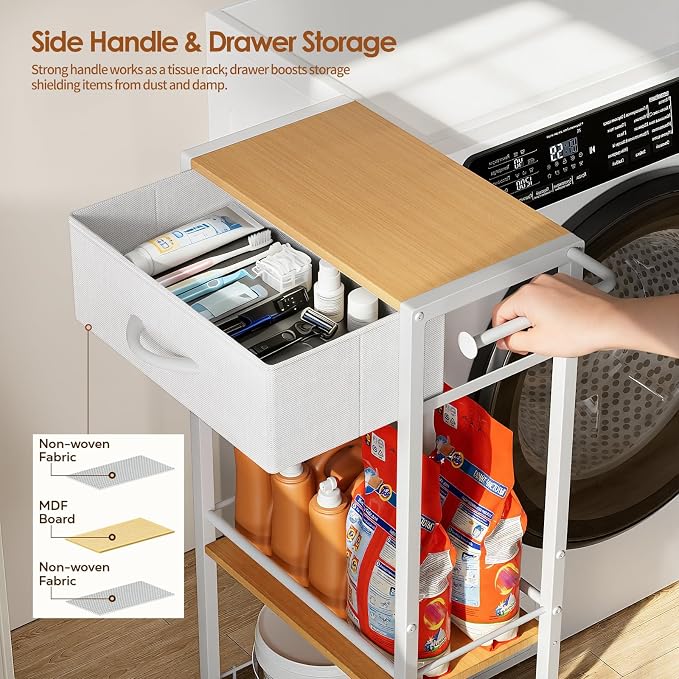 Lewondr Bathroom Organizer and Storage Cart with Drawer, 3-Tier Narrow Rolling Utility Cart with Wood Top and Wheels for Small Spaces, Laundry, White