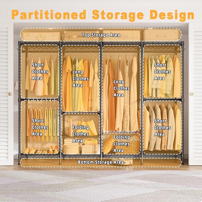 ULIFHOME H41 Garment Rack Heavy Duty Clothes Rack, Clothing Racks for Hanging Clothes, Extra Large Freestanding Portable Closet Wardrobe Rack 78.5'' W × 15.8'' D × 76.4'' H, Max Load 1150 Lbs, Black