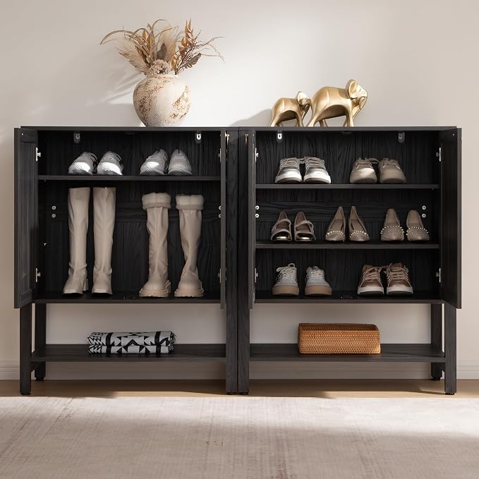 SICOTAS Shoe Storage Cabinet for Entryway - 5 Tier Rattan Entry Shoe Organizer Cabinet with Shelves & Doors, 2 Pieces Farmhouse Boho Tall Shoe Rack for Hallway, Living Room, Closet (Obsidian)
