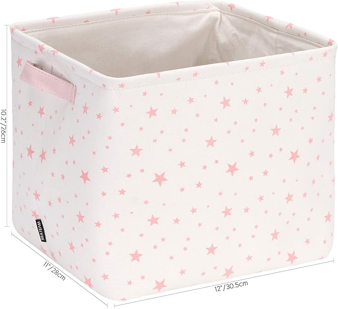 Sea Team Collapsible Canvas Fabric Storage Basket with Handles, Square Storage Box, Cube, Foldable Shelf Basket, Closet, Desk Organizer for Nursery, Home, Office (Pink, Set of 4)