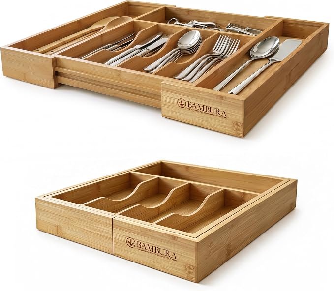 Expandable Bamboo Silverware Drawer Organizer, Kitchen Utensil Tray