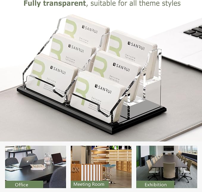 SANRUI Acrylic Business Card Holder, Black Business Cards Display Stand for Desk, Clear Horizontal 6 Slot Desktop Organizer , 360 Card Capacity