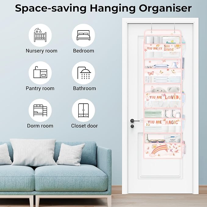 Clastyle Over the Door Organizer Diaper Toy Nursery Hanging Shelf, Rainbow | Cloud Butterfly, 5-Tier Clear Window Mesh Pocket 44 lbs Weight Capacity, Behind Door Storage, Bedroom Bathroom Closet Pantry