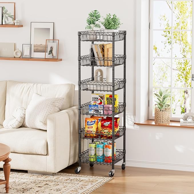 Golpart Basket Shelves Closet Rack with Wheels Metal Pantry Wire Shelf Unit | 6 tier Storage Rolling Shelving Bathroom Organizers Kitchen Garage Laundry Room Organization Home 13.6"Dx13.6"Wx63"H Black