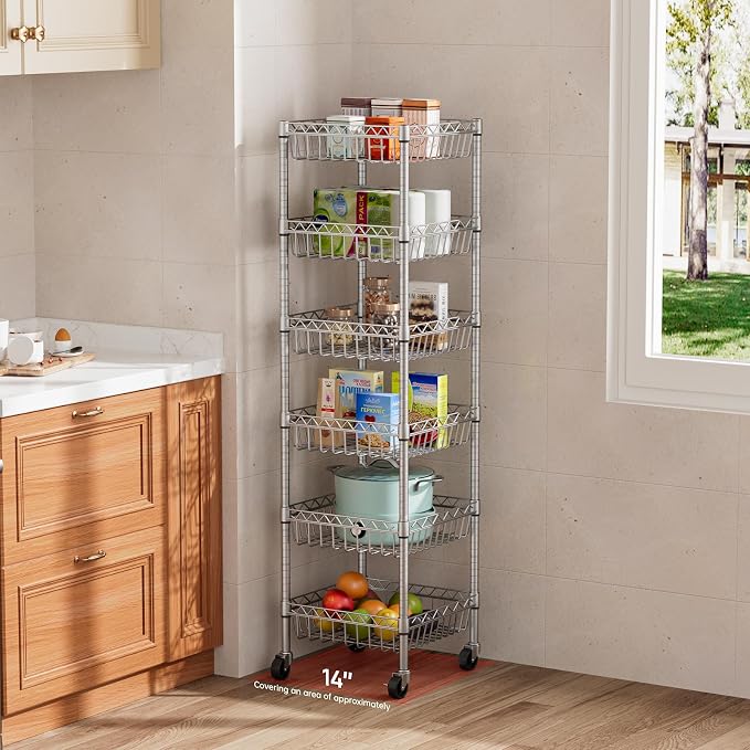 Golpart Basket Shelves Closet Rack with Wheels Metal Pantry Wire Shelf Unit | 6 tier Storage Rolling Shelving Bathroom Organizers Kitchen Garage Laundry Room Organization Home 13.6"Dx13.6"Wx63"H Grey