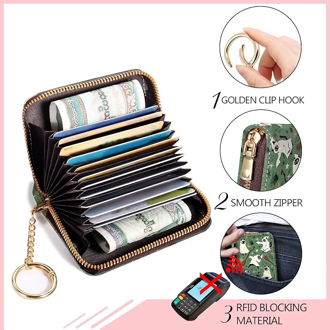 Blusabaca RFID Credit Card Holder Small Women Travel Wallet, Halloween | Removable Keychain, Case with Zipper, Vegan PU Leather, Cash Coin Pocket, Business Accordion Purse, Ladies Female Gift