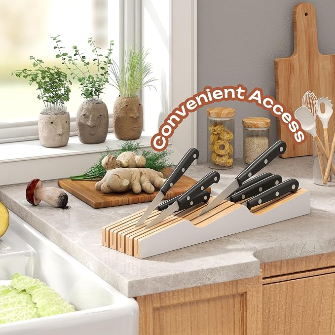In-Drawer Knife Block Organizer - Bamboo Wood Drawer Knife Organizer-Protecting Knife Organizer Block (Not Included) (White, 9 Knives Dock)
