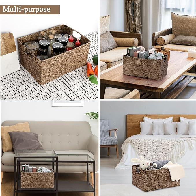 Hipiwe Seagrass Storage Opened Baskets Bin for Shelf Organizing Handwoven Wicker Baskets Rectangular Decorative Basket Closet Bedroom Organizer Bin Box Multipurpose Storage Basket with Handle