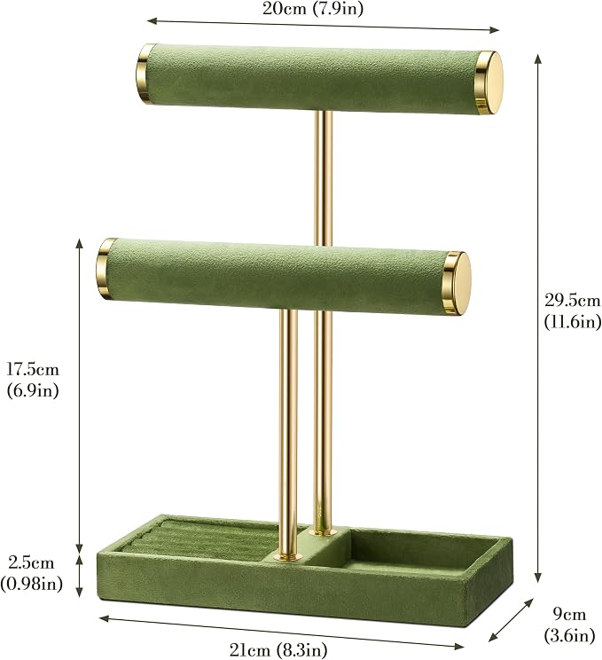 bussdis 2 Tier Bracelet Holder Display - Detachable T Bar Green Velvet Bracelet Holder, Jewelry Holder Organizer for Bracelet, Necklace, Earrings, Rings