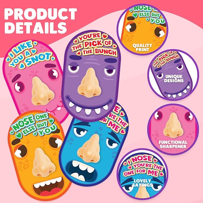 ArtCreativity Funny Nose Pencil Sharpener with Valentines Cards - Set of 28 - Classroom Novelty Gag Prize with 28 Pencils, Glue, I Pick You Nose Designs - Kids Birthday Party Favor and Art Supplies