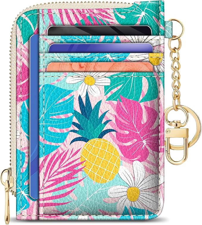 GIANCOMICS Slim Wallet Credit Card Holder Women, Tropical Pineapple Rfid Blocking Small Card Case, Keychain Thin Pocket Curved Zipper Wallet, Travel Card Holder PU Leather, Ladies Female Gift