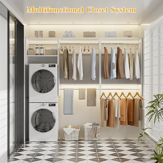Unikito 36” - 96” Closet System, 8FT Walk in Closet Organizer Starter Kit with 5 Hanging Rods and 3 Shelves, Heavy Duty Reversible Wood Clothing Racks, Cut Be Cut to Fit, Max Load 1200 LBS, White
