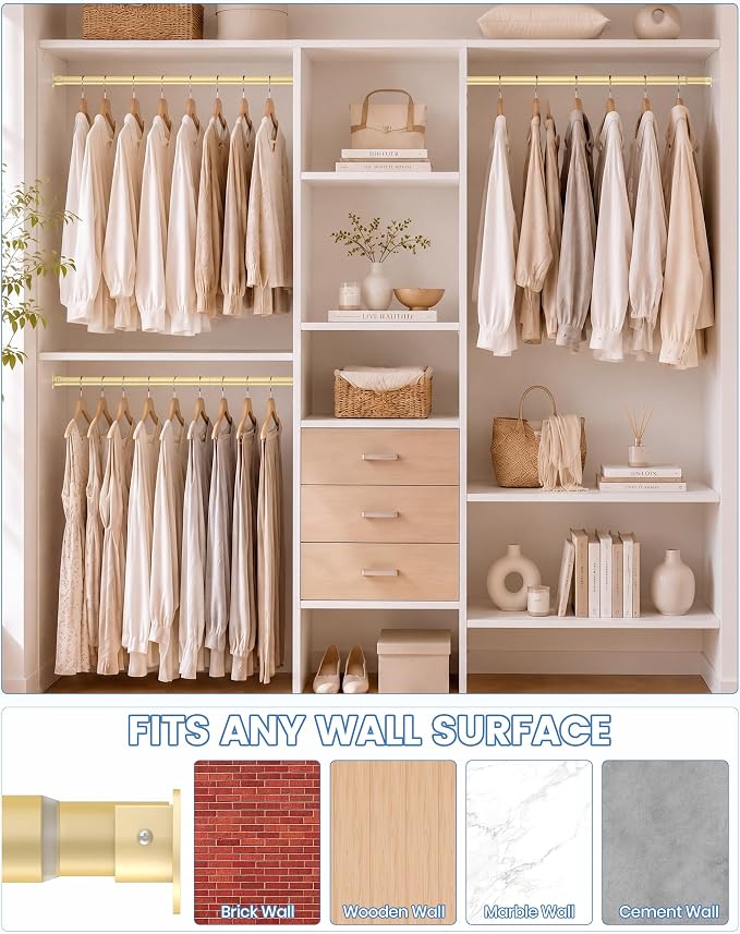 Closet Rod,17-110'',Heavy-Duty Adjustable Closet Rods for hanging clothes | Easy to Install,1.3 Inch Diameter 66 lbs max load,Heavy-Duty Thickened Metal