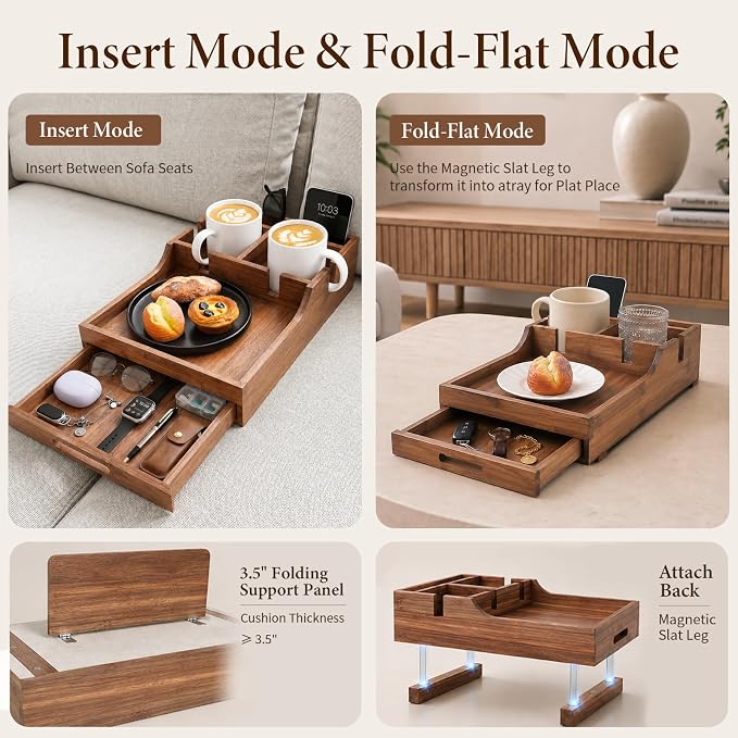 2-in-1 Couch Tray with Cup Holders and Drawer Storage | Acacia Wood Sofa Arm Tray Table, Sofa Organizer for Remote Controls, Snacks, Drinks, Living Room Furniture Accessories