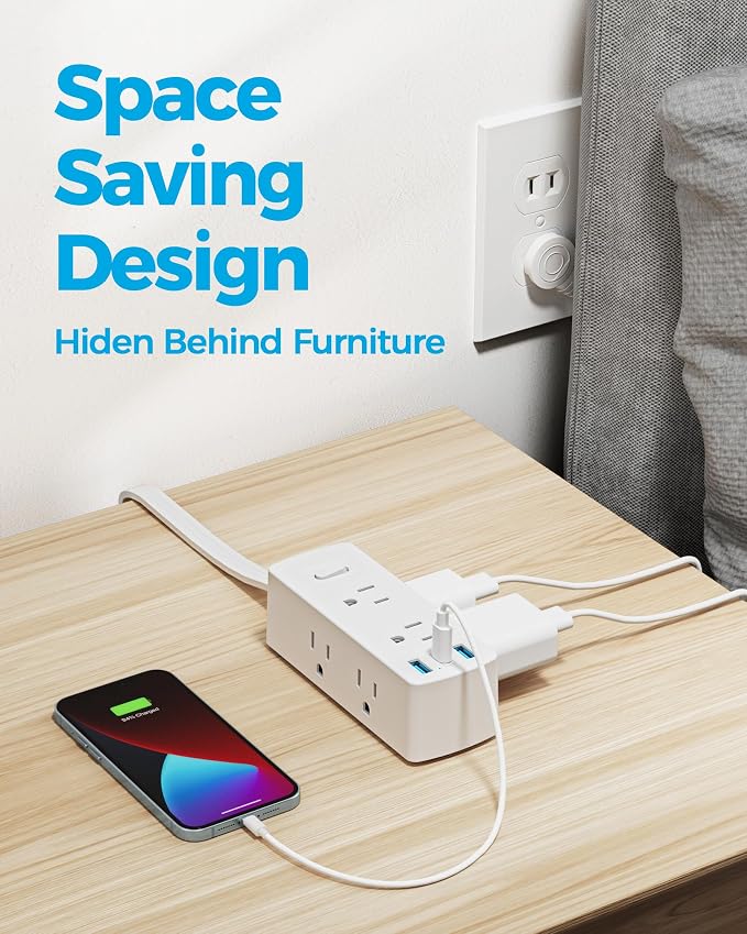 Olcorife Flat Plug Power Strip with 1 FT Extension Cord, 6 Outlets 3 USB Ports(1 USB C), 3 Sided Outlet Extender for Home Office Travel Dorm Room Essentials, White
