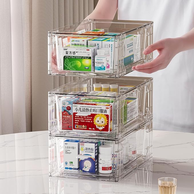 clear Drawer-Type Plastic Storage Box Bins Organizer，Family First Aid Kits Medicine cabinet Box Organizer,Closet ，Shelf，Ointments, Adhesive Bandages，Cosmetics,Office Items (clear, ZZ6L)