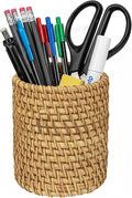 Wicker Rattan Pencil Holder, Cylindrical Desk Organizer Cup, Natural Brown, for Office, Vanity, Kitchen, 1-Pack
