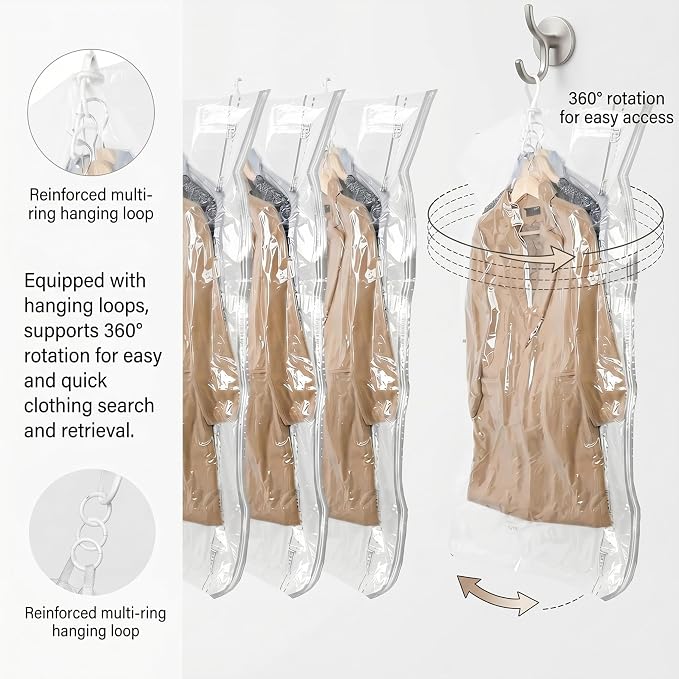 6 Pack Hanging Vacuum Storage Bags, Vacuum Storage Bags For Clothes, Space-saving Closet Organizer, 27.56x57.09 Inch Hanging