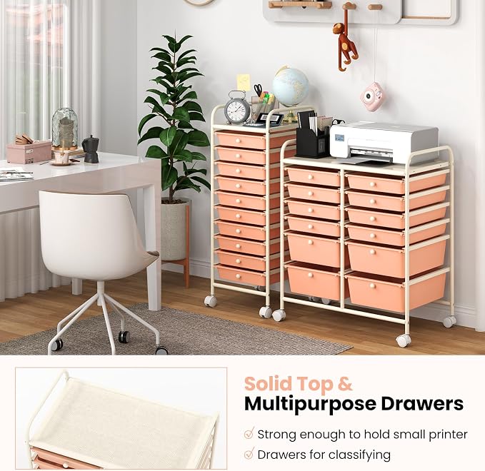 Moccha 12-Drawer Rolling Storage Cart - Utility Cart on Wheels with Lockable Casters for Craft Art Supply Paper Salon, Mobile Drawer Carts for Classroom Teacher School Office (Peach)
