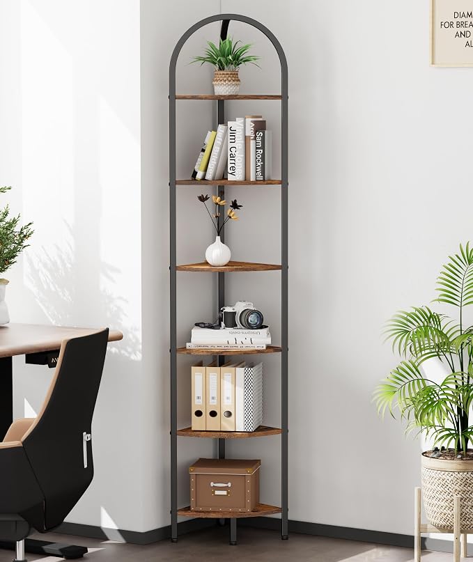 Homhedy 6-Tier Arched Corner Shelf Stand, Wall Corner Bookshelf | Plant Stand with Metal Frame, Industrial Storage Rack Shelf for Living Room, Bedroom, Office, Bathroom, Rustic Brown