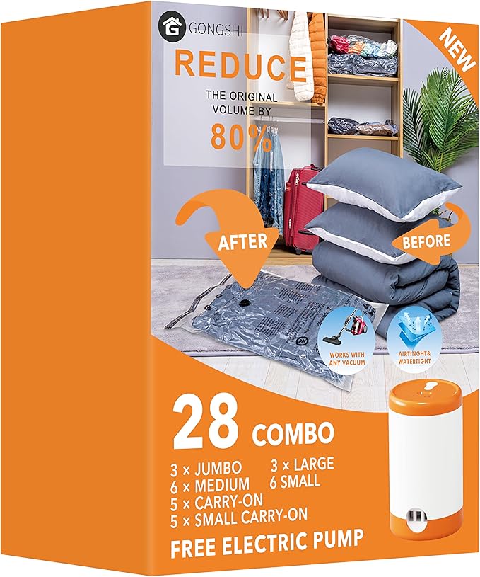 GONGSHI Vacuum Seal Bags for Clothing Travel & Home Storage, Travel Vacuum Bags with Pump,Space Saver for Blankets, Comforters, Pillows, Clothes,28 Combo with Electric Pump