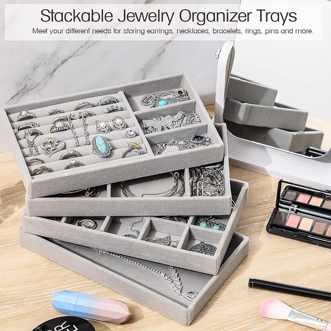 Kenning 16 Pcs Jewelry Organizer for Drawer Stackable Trays Insert with Compartments 8.3x5x1 Small Velvet Storage Holder Closet Vanity Dresser Box Divider Ring Earring Display Wedding Gift for Women