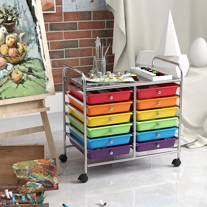 LDAILY 12 Drawer Rolling Storage Cart, Craft Cart Organizer on Wheels w/Metal Frame, Large Capacity & Smooth Drawer, Rolling Cart w/Drawers for Classroom, Office