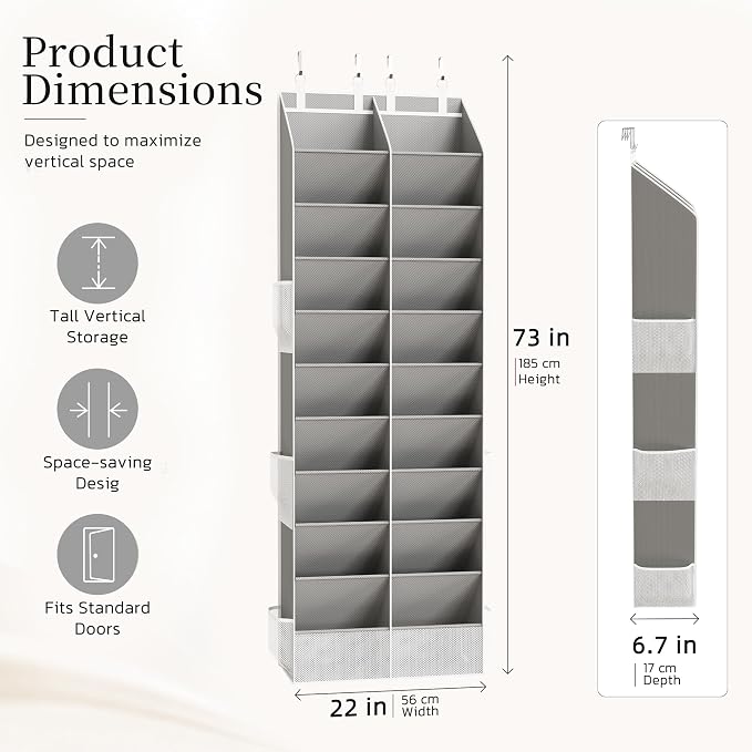 Criusia Over the Door Shoe Organizer, 20-30 Pairs Heavy-Duty Hanging Shoe Storage with Large Pockets, 10-Tier Door Shoe Rack with 4 Hooks for Sneakers Sandals Heels Boots (Gray)